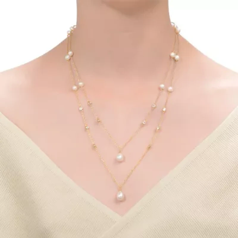 Lab Created Sterling Silver 14K Gold Plated with Freshwater Pearl Layered Necklace