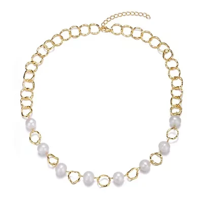 Lab Created Sterling Silver 14K Gold Plated with White Genuine Freshwater Pearl & Cubic Zirconia Oval Link Necklace