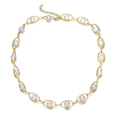 Lab Created Sterling Silver 14K Gold Plated with White Genuine Freshwater Pearl & Cubic Zirconia Link Adjustable Necklace
