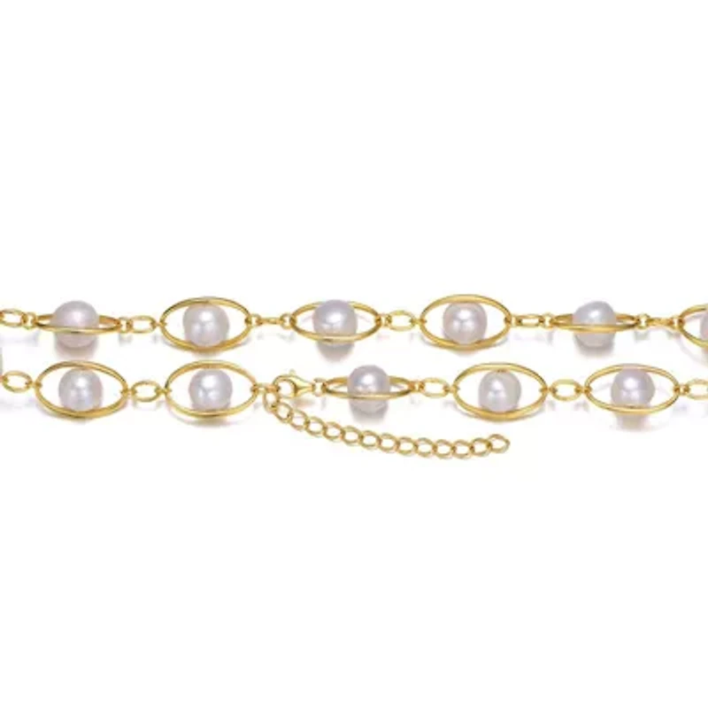 Lab Created Sterling Silver 14K Gold Plated with White Genuine Freshwater Pearl & Cubic Zirconia Link Adjustable Necklace