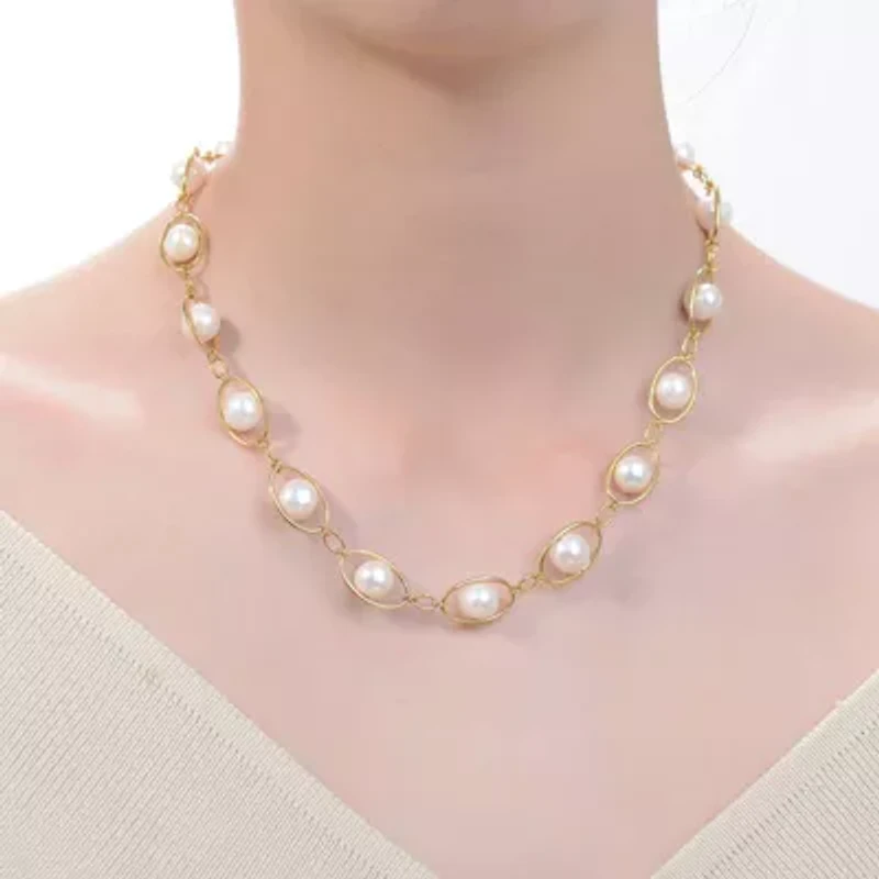 Lab Created Sterling Silver 14K Gold Plated with White Genuine Freshwater Pearl & Cubic Zirconia Link Adjustable Necklace