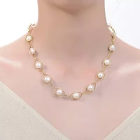 Lab Created Sterling Silver 14K Gold Plated with White Genuine Freshwater Pearl & Cubic Zirconia Link Adjustable Necklace