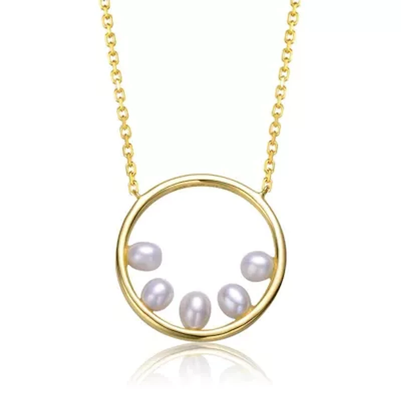 Lab Created Sterling Silver 14K Gold Plated with White Freshwater Pearl Halo Eternity Circle Pendant Layering Necklace