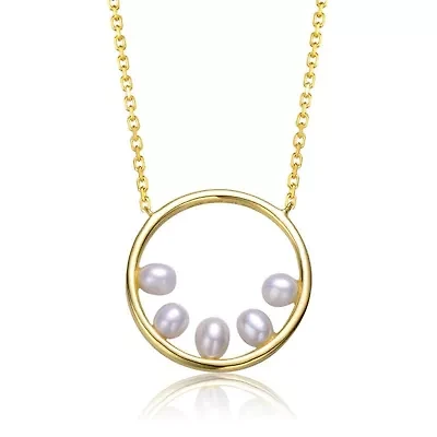 Lab Created Sterling Silver 14K Gold Plated with White Freshwater Pearl Halo Eternity Circle Pendant Layering Necklace