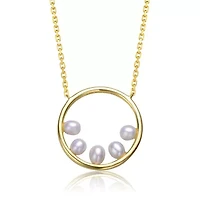 Lab Created Sterling Silver 14K Gold Plated with White Freshwater Pearl Halo Eternity Circle Pendant Layering Necklace