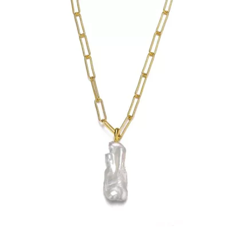 Lab Created Sterling Silver 14K Gold Plated with Free-Form White Genuine Freshwater Pearl Pendant Cable Layering Necklace