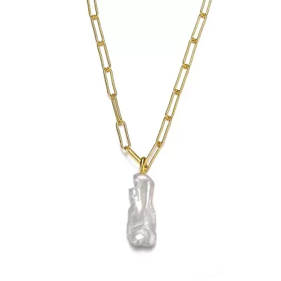 Lab Created Sterling Silver 14K Gold Plated with Free-Form White Genuine Freshwater Pearl Pendant Cable Layering Necklace