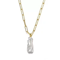 Lab Created Sterling Silver 14K Gold Plated with Free-Form White Genuine Freshwater Pearl Pendant Cable Layering Necklace