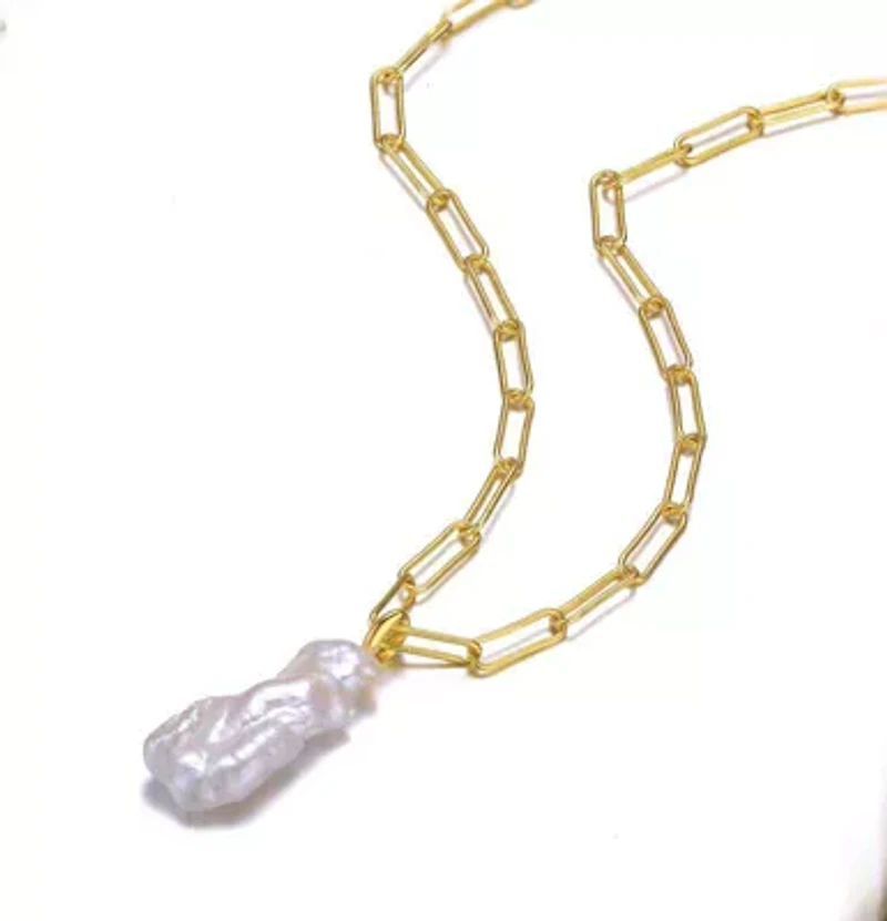 Lab Created Sterling Silver 14K Gold Plated with Free-Form White Genuine Freshwater Pearl Pendant Cable Layering Necklace