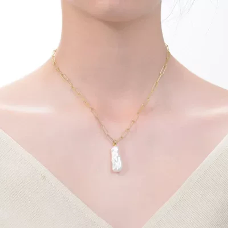 Lab Created Sterling Silver 14K Gold Plated with Free-Form White Genuine Freshwater Pearl Pendant Cable Layering Necklace