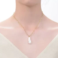Lab Created Sterling Silver 14K Gold Plated with Free-Form White Genuine Freshwater Pearl Pendant Cable Layering Necklace