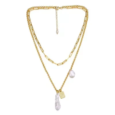 Lab Created Sterling Silver 14K Gold Plated with White Genuine Freshwater Pearl Lobster Claw Layered Necklace