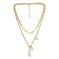 Lab Created Sterling Silver 14K Gold Plated with White Genuine Freshwater Pearl Lobster Claw Layered Necklace