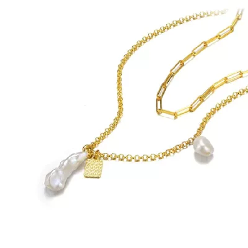 Lab Created Sterling Silver 14K Gold Plated with White Genuine Freshwater Pearl Lobster Claw Layered Necklace