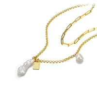 Lab Created Sterling Silver 14K Gold Plated with White Genuine Freshwater Pearl Lobster Claw Layered Necklace