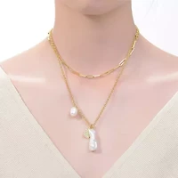 Lab Created Sterling Silver 14K Gold Plated with White Genuine Freshwater Pearl Lobster Claw Layered Necklace
