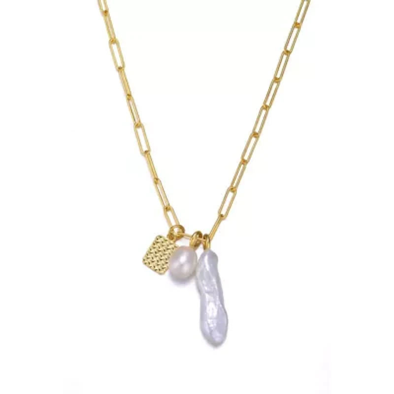 Lab Created Sterling Silver 14K Gold Plated with White Genuine Freshwater Pearl & Cubic Zirconia Lobster Claw Link Necklace
