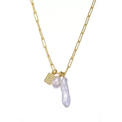 Lab Created Sterling Silver 14K Gold Plated with White Genuine Freshwater Pearl & Cubic Zirconia Lobster Claw Link Necklace