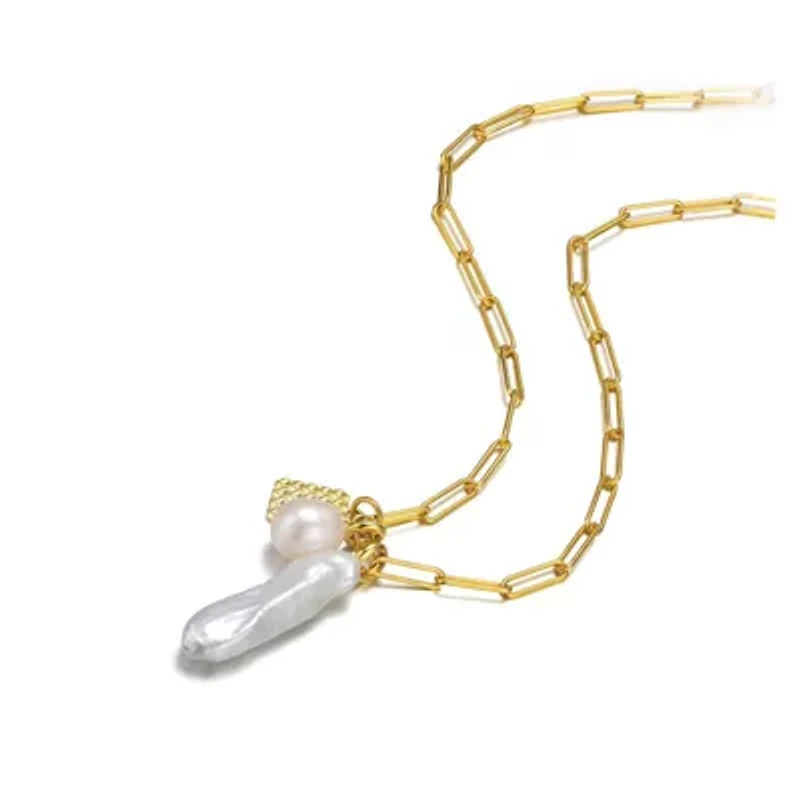 Lab Created Sterling Silver 14K Gold Plated with White Genuine Freshwater Pearl & Cubic Zirconia Lobster Claw Link Necklace