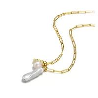 Lab Created Sterling Silver 14K Gold Plated with White Genuine Freshwater Pearl & Cubic Zirconia Lobster Claw Link Necklace