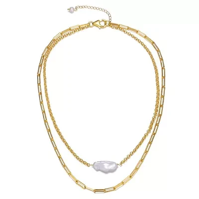 Lab Created Sterling Silver 14K Gold Plated with White Genuine Freshwater Pearl Layered Necklace