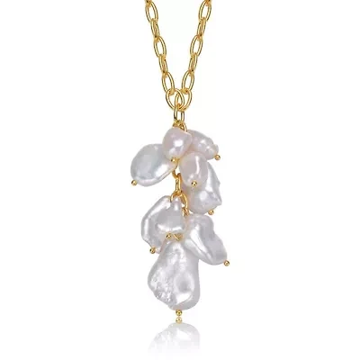 Lab Created Sterling Silver 14K Gold Plated with 23MM Genuine Freshwater Baroque Pearl Pendant Necklace