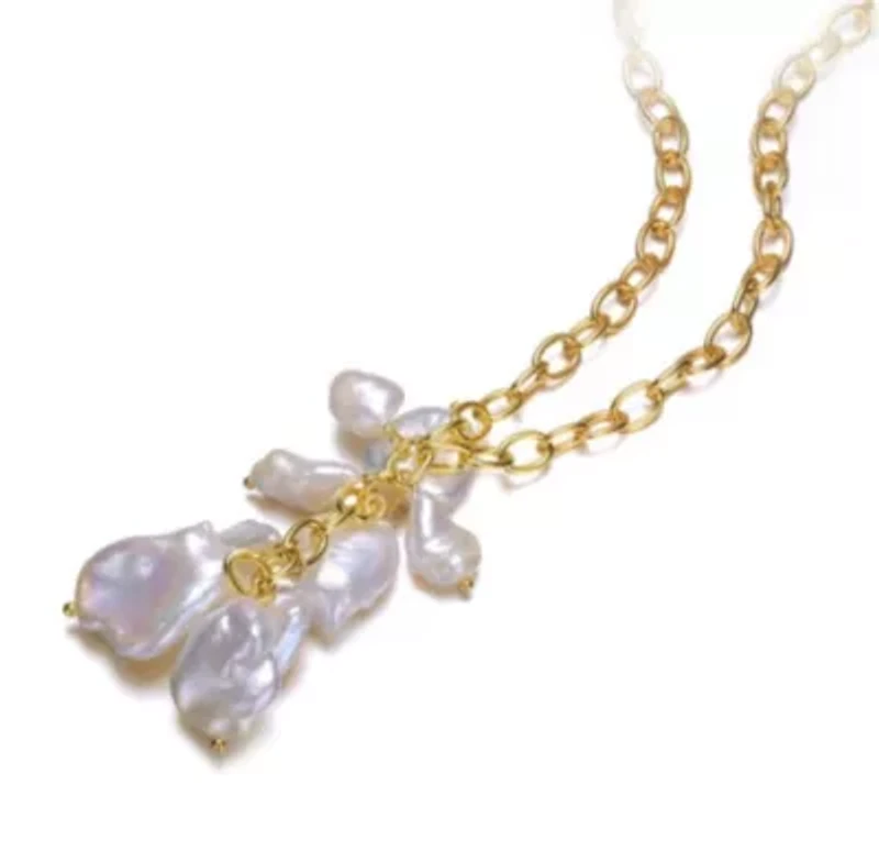 Lab Created Sterling Silver 14K Gold Plated with 23MM Genuine Freshwater Baroque Pearl Pendant Necklace