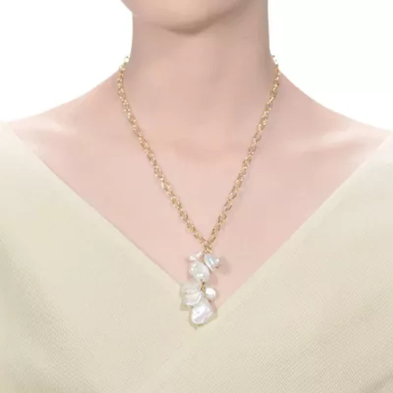 Lab Created Sterling Silver 14K Gold Plated with 23MM Genuine Freshwater Baroque Pearl Pendant Necklace