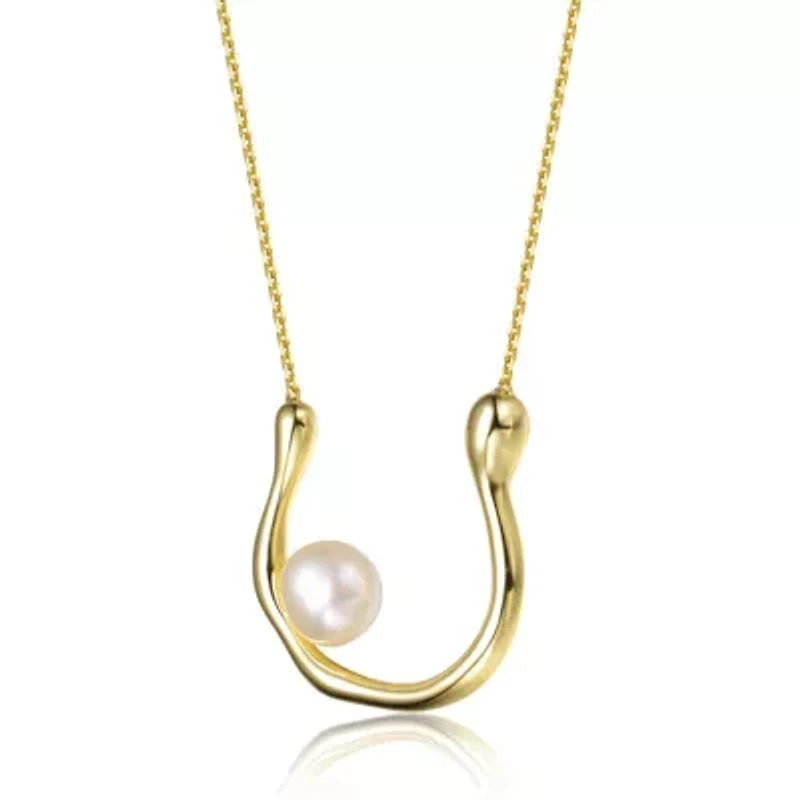 Lab Created 14K Gold Plated with White Genuine Freshwater Pearl “U” Necklace