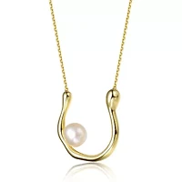 Lab Created 14K Gold Plated with White Genuine Freshwater Pearl “U” Necklace