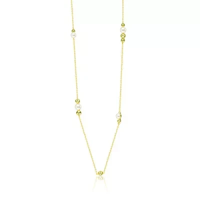Lab Created Sterling Silver 14K Gold Plating with White Genuine Freshwater Pearl Station Necklace