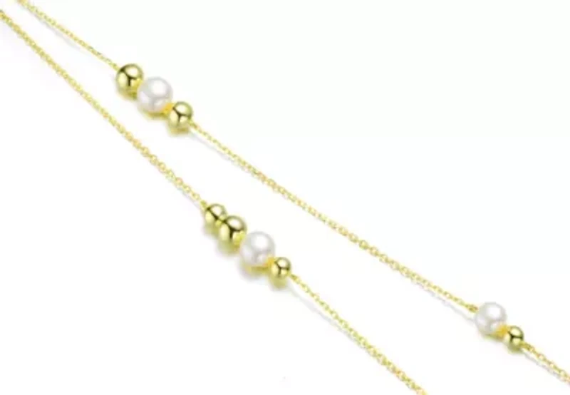 Lab Created Sterling Silver 14K Gold Plating with White Genuine Freshwater Pearl Station Necklace