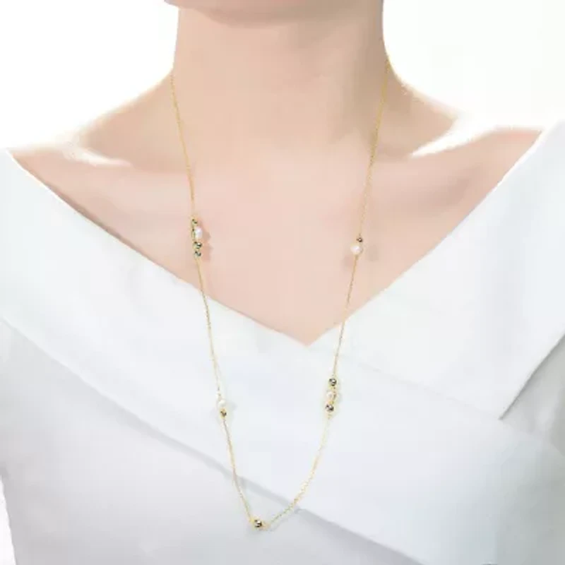 Lab Created Sterling Silver 14K Gold Plating with White Genuine Freshwater Pearl Station Necklace