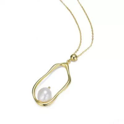 Lab Created Sterling Silver 14K Gold Plating with White Genuine Freshwater Pearl Halo Necklace
