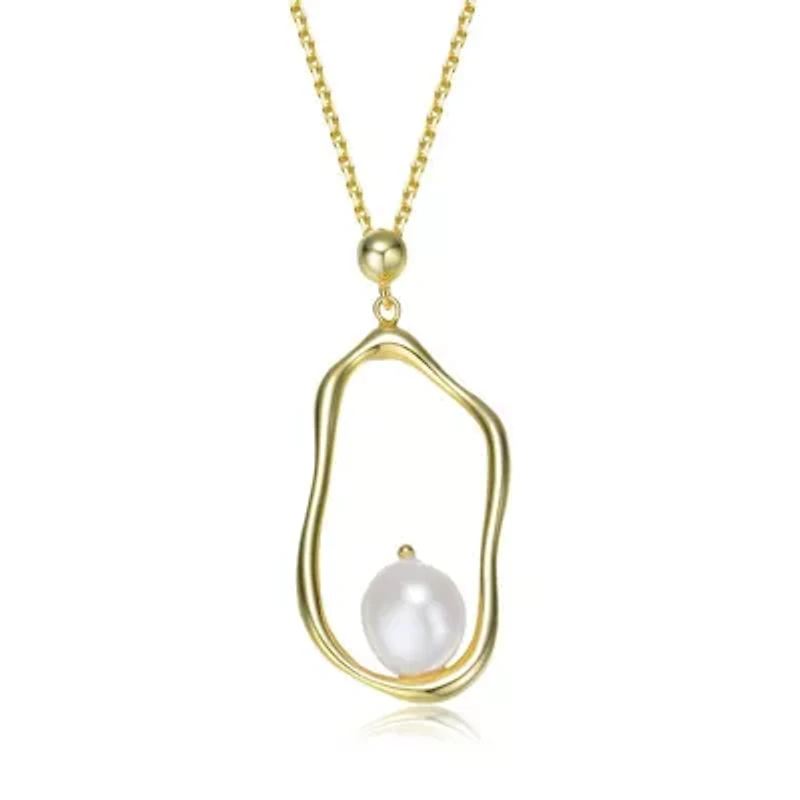 Lab Created Sterling Silver 14K Gold Plating with White Genuine Freshwater Pearl Halo Necklace