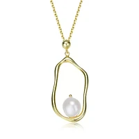 Lab Created Sterling Silver 14K Gold Plating with White Genuine Freshwater Pearl Halo Necklace