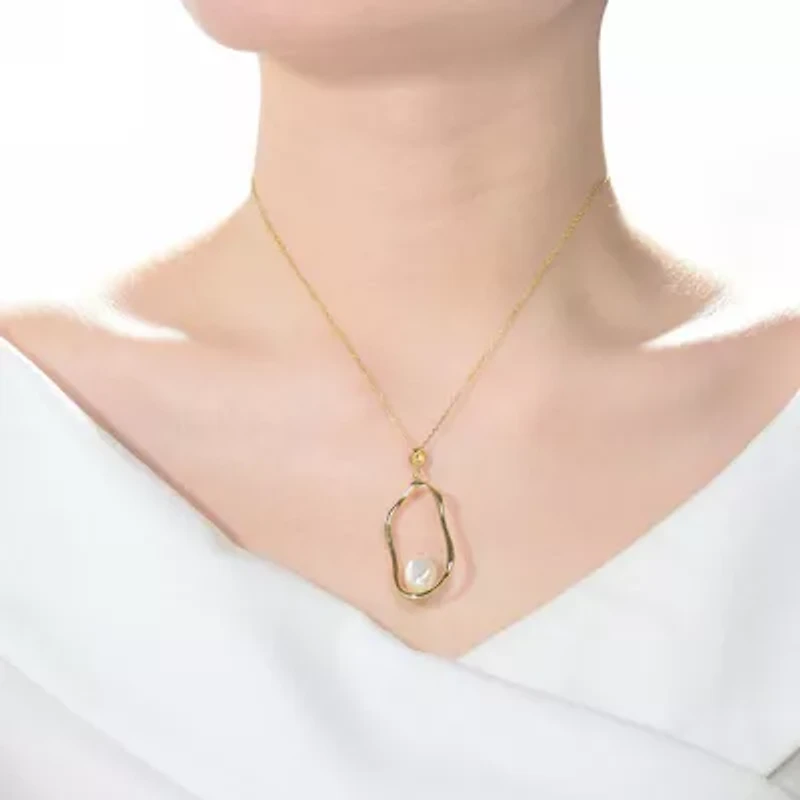 Lab Created Sterling Silver 14K Gold Plating with White Genuine Freshwater Pearl Halo Necklace