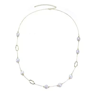 Lab Created Sterling Silver 14K Gold Plating with White Genuine Freshwater Pearl Station Necklace