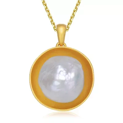 Lab Created Sterling Silver 14K Gold Plated with White Genuine Freshwater Pearl Pendant Necklace