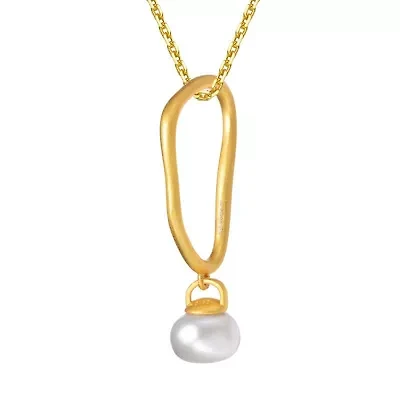 Lab Created Sterling Silver 14K Gold Plated with White 10MM Genuine Freshwater Button Pearl Pendant Necklace