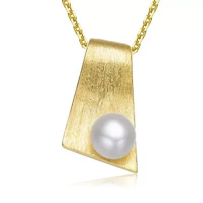 Lab Created Sterling Silver 14K Gold Plated with White Genuine Freshwater Pearl Rectangle Pendant Necklace