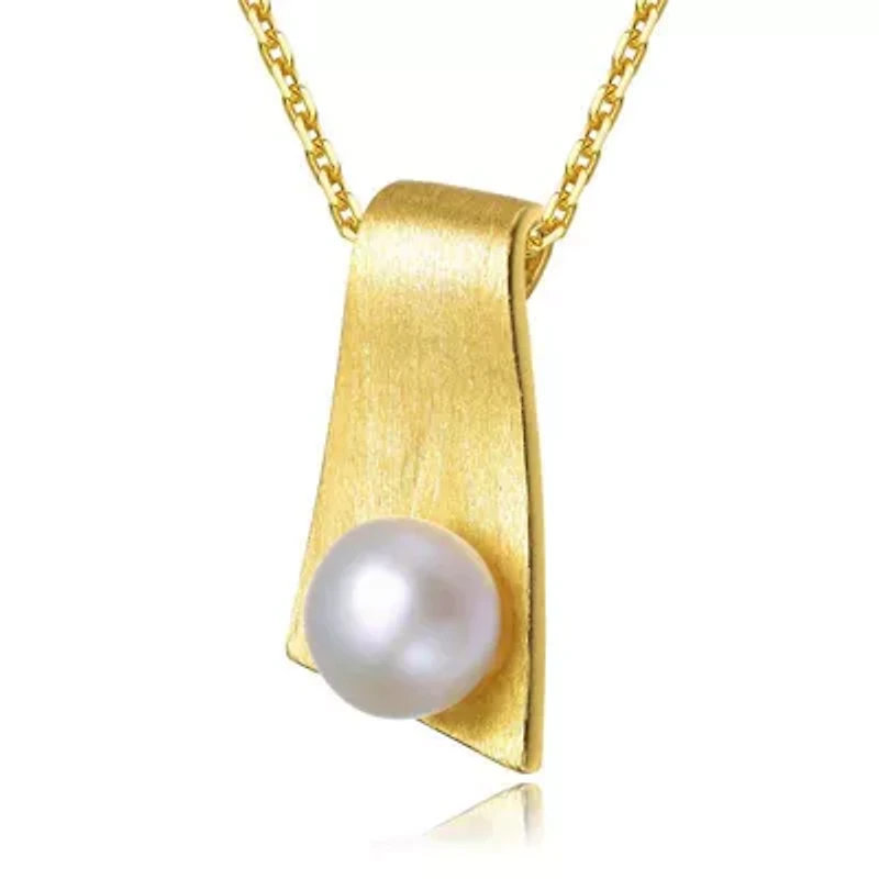 Lab Created Sterling Silver 14K Gold Plated with White Genuine Freshwater Pearl Rectangle Pendant Necklace