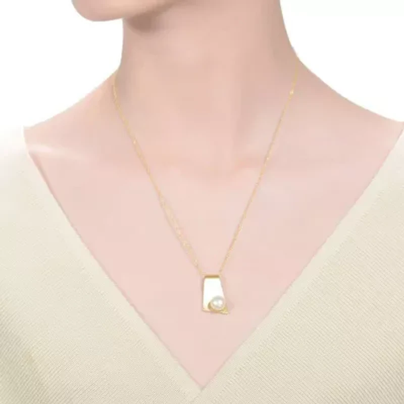 Lab Created Sterling Silver 14K Gold Plated with White Genuine Freshwater Pearl Rectangle Pendant Necklace
