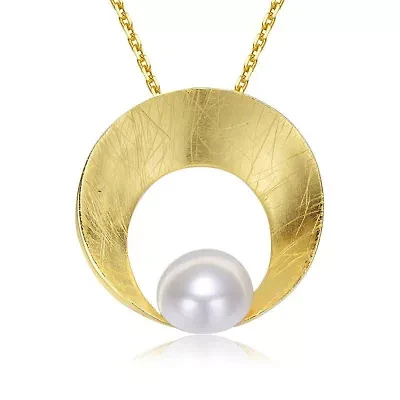 Lab Created Sterling Silver 14K Gold Plated with White Genuine Freshwater Pearl Round Pendant Necklace
