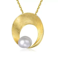 Lab Created Sterling Silver 14K Gold Plated with White Genuine Freshwater Round Pearl Pendant Necklace