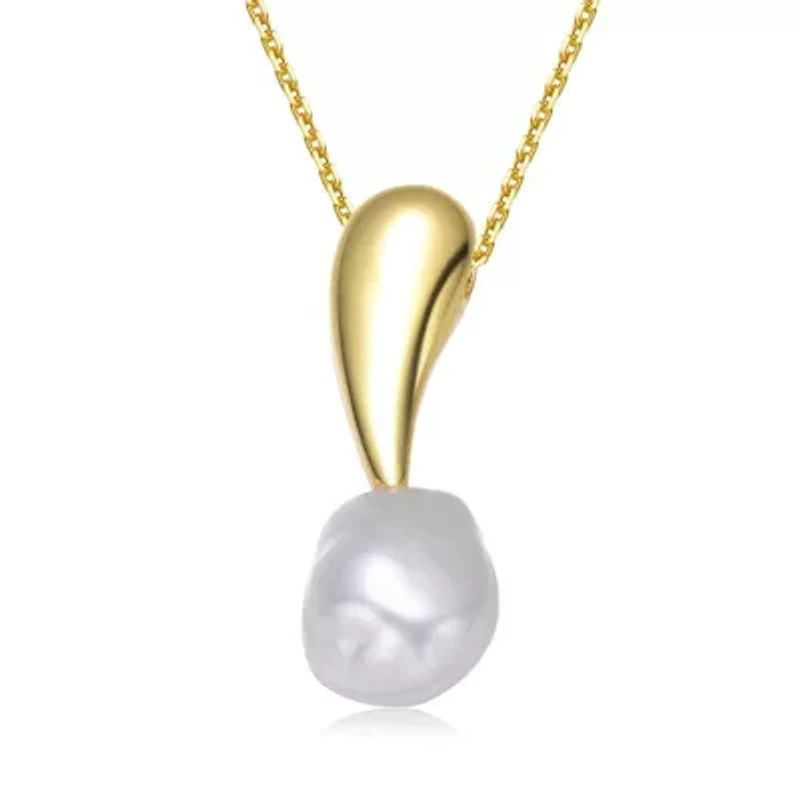 Lab Created Sterling Silver 14K Gold Plated with White Genuine Freshwater Pearl Drop Pendant Necklace