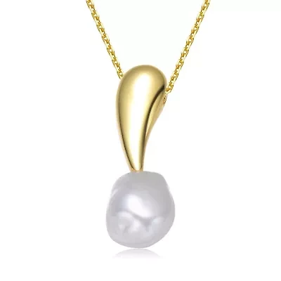 Lab Created Sterling Silver 14K Gold Plated with White Genuine Freshwater Pearl Drop Pendant Necklace