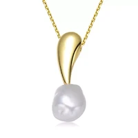 Lab Created Sterling Silver 14K Gold Plated with White Genuine Freshwater Pearl Drop Pendant Necklace