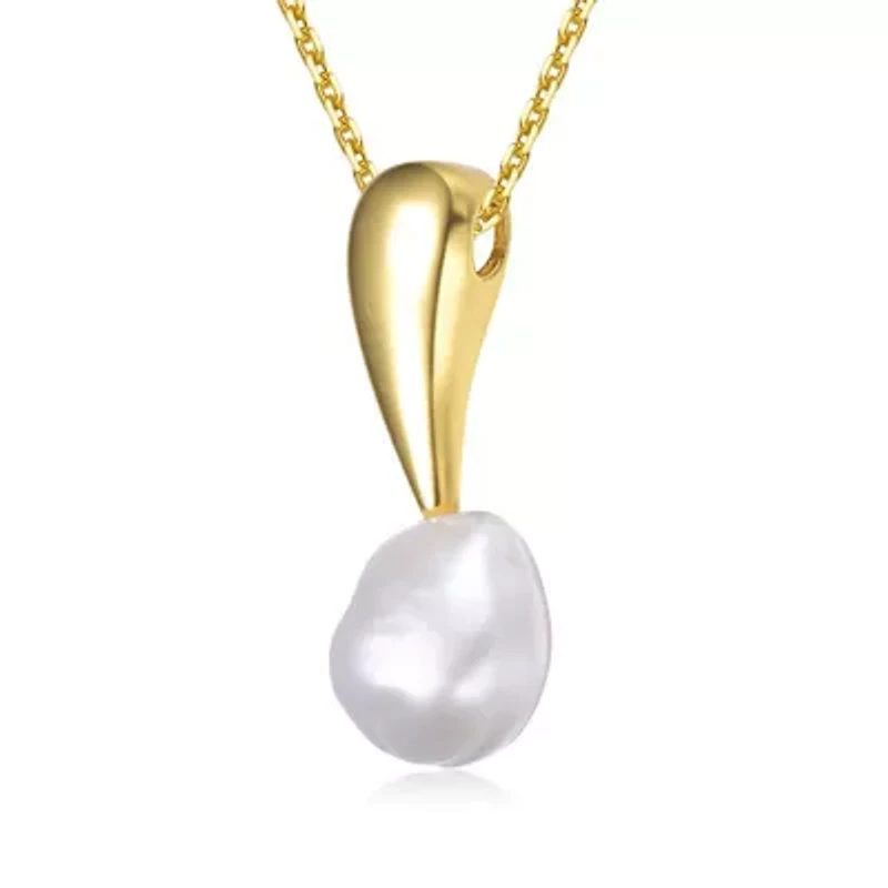 Lab Created Sterling Silver 14K Gold Plated with White Genuine Freshwater Pearl Drop Pendant Necklace