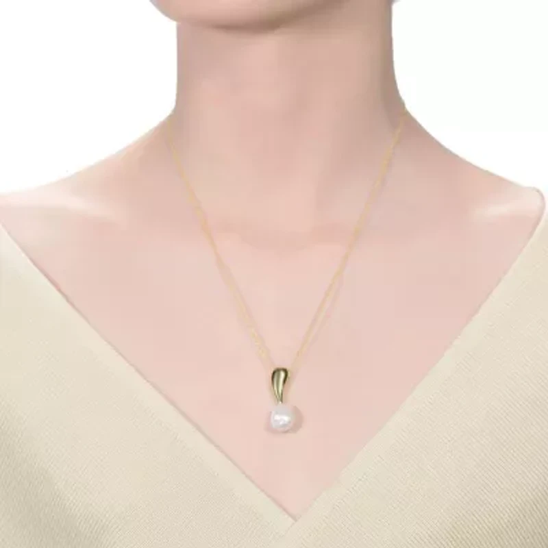 Lab Created Sterling Silver 14K Gold Plated with White Genuine Freshwater Pearl Drop Pendant Necklace